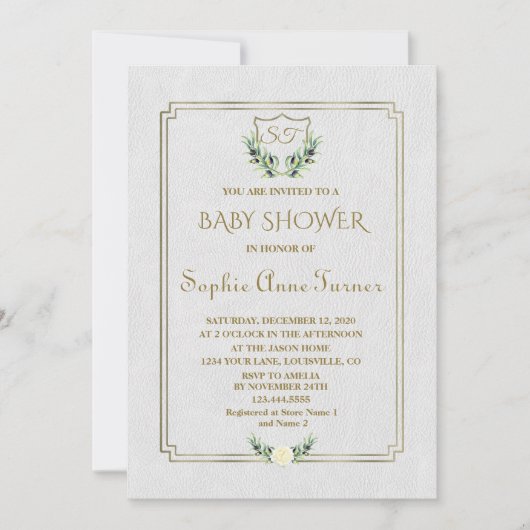 Royal Gold Crest Lush Greenery Baby shower Invite Kaart (Voorkant)