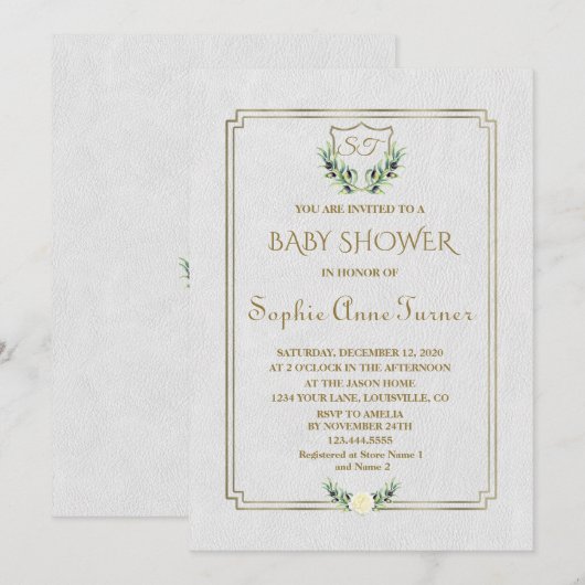 Royal Gold Crest Lush Greenery Baby shower Invite Kaart (Voorkant / Achterkant)