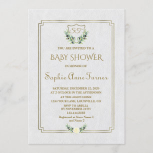 Royal Gold Crest Lush Greenery Baby shower Invite Kaart