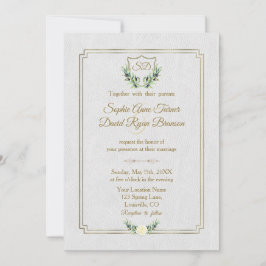 Royal Gold Crest Lush Greenery Monogram Wedding Kaart
