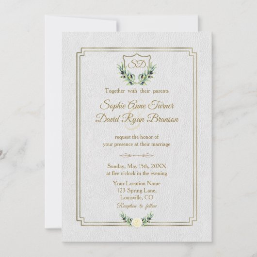 Royal Gold Crest Lush Greenery Monogram Wedding Kaart (Voorkant)