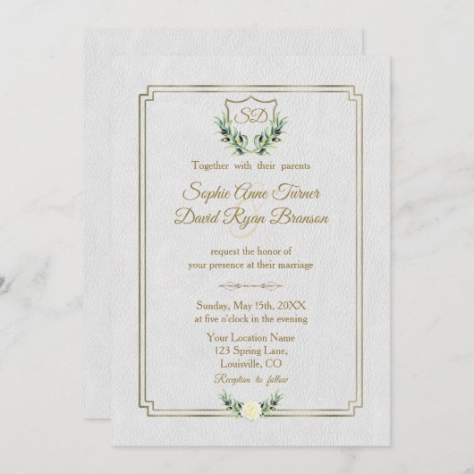 Royal Gold Crest Lush Greenery Monogram Wedding Kaart (Voorkant / Achterkant)