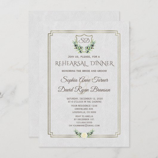 Royal Gold Crest Lush Greenery Rehearsal Dinner Kaart (Voorkant / Achterkant)