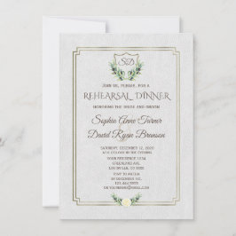 Royal Gold Crest Lush Greenery Rehearsal Dinner Kaart
