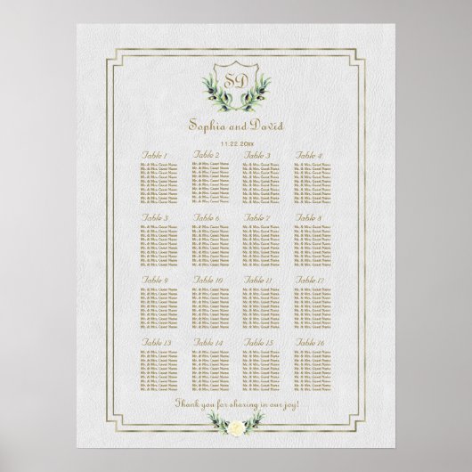 Royal Gold Crest Lush Greenery Seating Chart Poster (Voorkant)