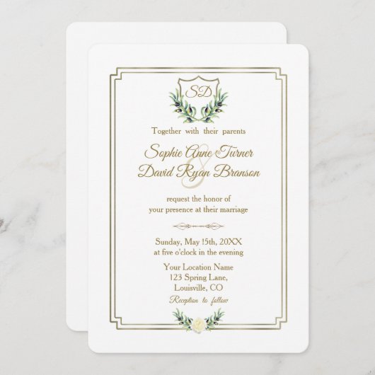 Royal Gold Crest Lush Greenery Wedding Kaart (Voorkant / Achterkant)