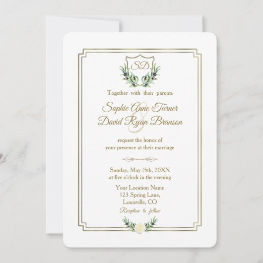 Royal Gold Crest Lush Greenery Wedding Kaart (Voorkant)