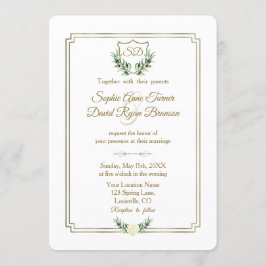 Royal Gold Crest Lush Greenery Wedding Kaart
