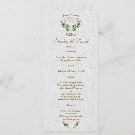 Royal Gold Crest Lush Greenery Wedding Menu (Voorkant / Achterkant)
