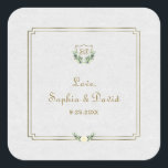Royal Gold Crest Lush Greenery Wedding Vierkante Sticker<br><div class="desc">Symbool van elegantie, overvloed en leegte! Uniek kaartontwerp met een goudfoliekreeft van de Royal faux, een delicaat lijst, olijftakken met een witte bloem, tegen een witte getextureerde achtergrond. Het gebruik past hulpmiddel aan om uw info toe te voegen. Ga voor overeenkomende objecten naar mijn Royal Gold Crest Lush Greenery Wedding...</div>