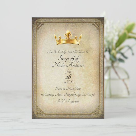  Royal Gold Crown Elegant Sweet 16 Party Kaart (Staand voorkant)