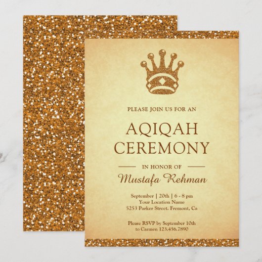  Royal Gold Crown Glitter Aqeeqah | Aqiqah Kaart (Voorkant / Achterkant)