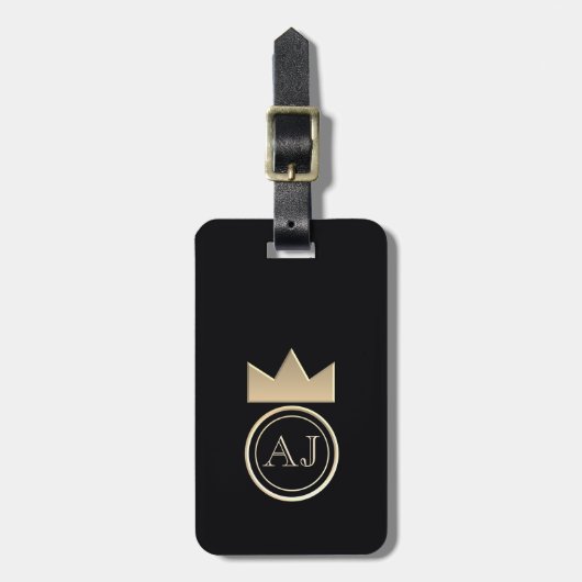 Royal Gold Crown Monogram Zwart Retouradres Bagagelabel (Voorkant verticaal)