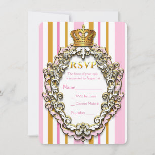 Royal Gold Crown Pink Striped Party RSVP-kaart Kaart
