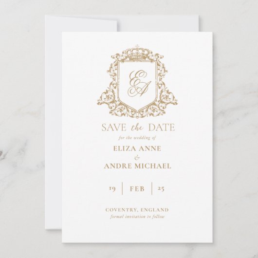 Royal Gold en White Monogram Crest Save The Date (Voorkant)