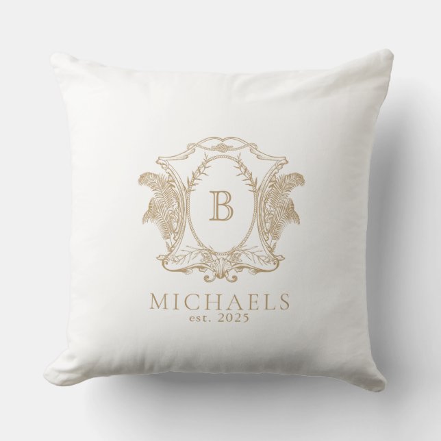 Royal Gold en White Monogram Crest Sierkussen (Voorkant)