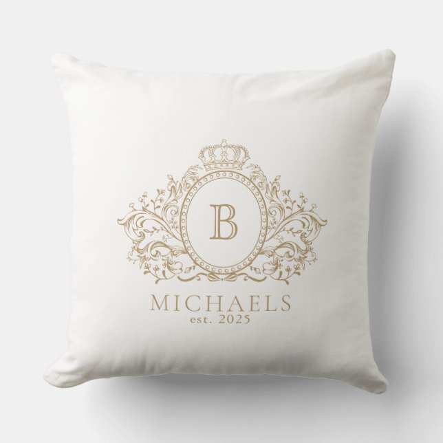 Royal Gold en White Monogram Crest Sierkussen (Voorkant)