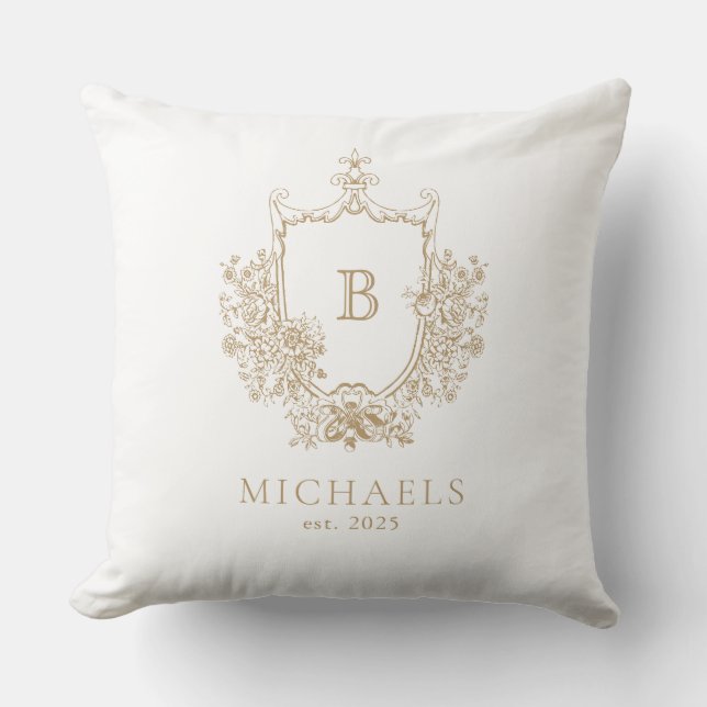 Royal Gold en White Monogram Crest Sierkussen (Voorkant)