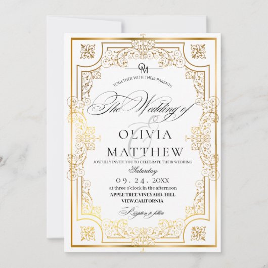 Royal Gold en White Script Wedding Kaart (Voorkant)