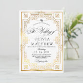 Royal Gold en White Script Wedding Kaart (Staand voorkant)