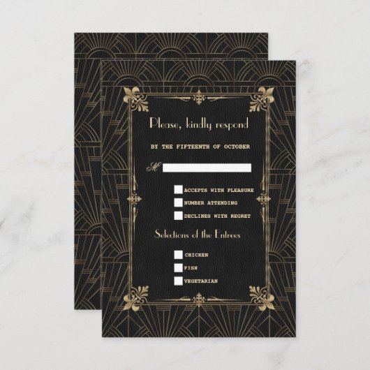 Royal Gold Fleur-de-Lis Art Deco 20s Wedding RSVP (Voorkant / Achterkant)