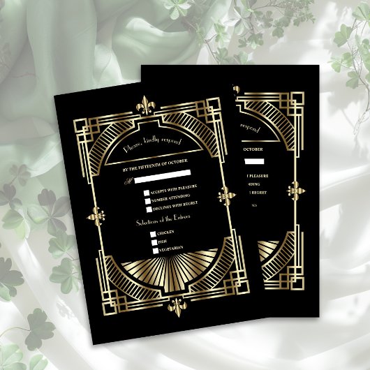 Royal Gold Fleur-de-lis Great Gatsby Wedding RSVP Kaartje