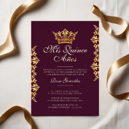 Royal Gold Leaf Crown Elegant Burgundy Quinceañera Kaart
