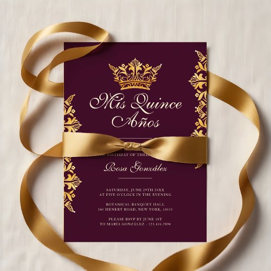 Royal Gold Leaf Crown Elegant Burgundy Quinceañera Kaart