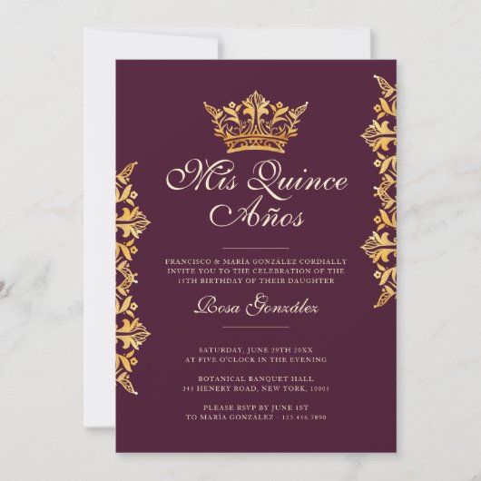 Royal Gold Leaf Crown Elegant Burgundy Quinceañera Kaart (Voorkant)