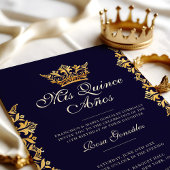 Royal Gold Leaf Crown Elegant Navy Quinceañera Kaart