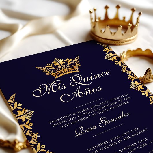Royal Gold Leaf Crown Elegant Navy Quinceañera Kaart