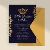 Royal Gold Leaf Crown Elegant Navy Quinceañera Kaart