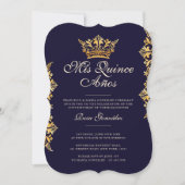 Royal Gold Leaf Crown Elegant Navy Quinceañera Kaart (Voorkant)