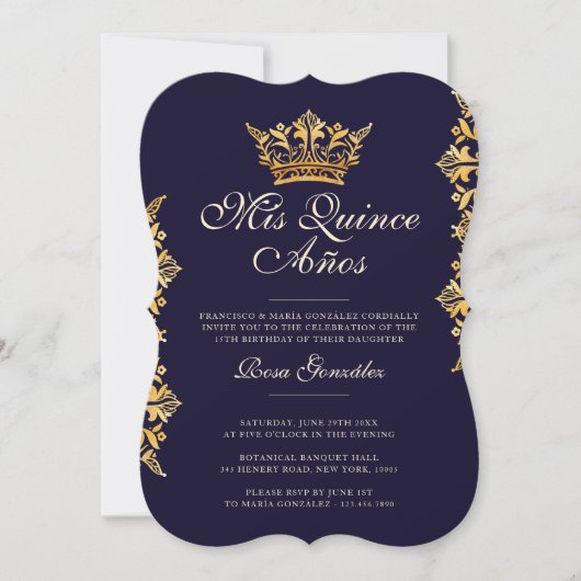 Royal Gold Leaf Crown Elegant Navy Quinceañera Kaart (Voorkant)