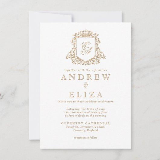 Royal Gold Monogram Crest bruiloft uitnodiging (Voorkant)