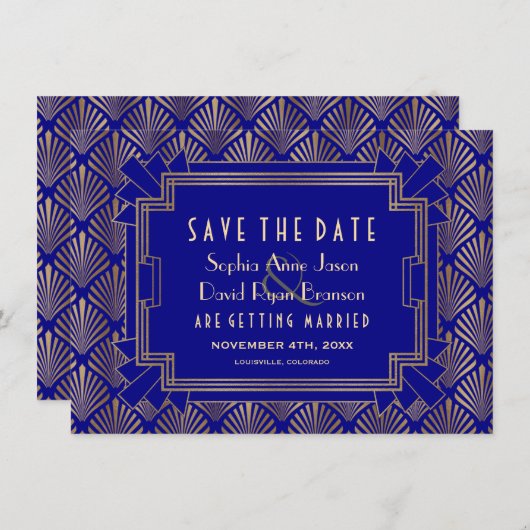 Royal Gold Navy Blue Great Gatsby 20s Wedding Save The Date (Voorkant / Achterkant)