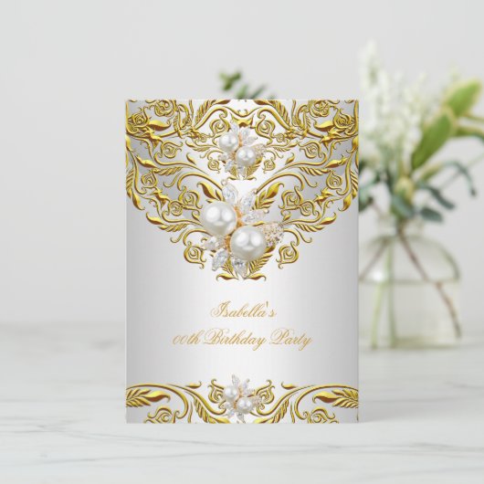 Royal Gold op White Pearl Elegant Birthday Party Kaart (Staand voorkant)
