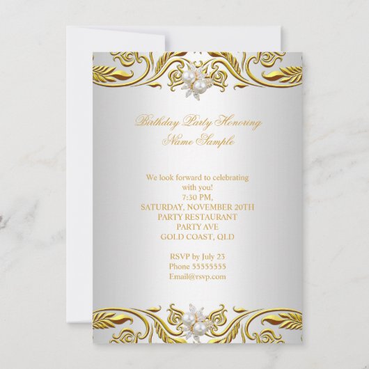 Royal Gold op White Pearl Elegant Birthday Party Kaart (Achterkant)