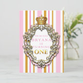 Royal Gold & Pink Crown 1e verjaardag Uitnodiging (Staand voorkant)