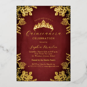 Royal Gold Red  Floral Quinceanera Folie Uitnodiging