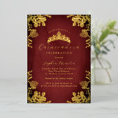Royal Gold Red  Floral Quinceanera Folie Uitnodiging (Staand Voorkant)