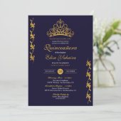 Royal Gold Tiara Crown Elegant Navy Quinceañera Kaart (Staand voorkant)