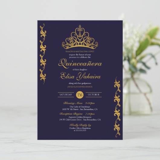 Royal Gold Tiara Crown Elegant Navy Quinceañera Kaart (Staand voorkant)