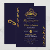 Royal Gold Tiara Crown Elegant Navy Quinceañera Kaart (Voorkant / Achterkant)