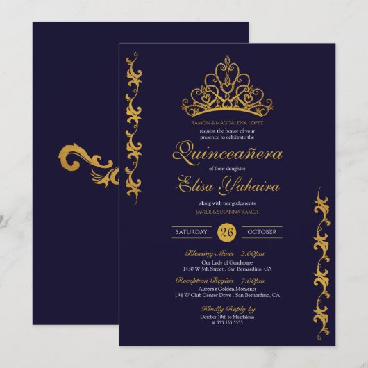 Royal Gold Tiara Crown Elegant Navy Quinceañera Kaart (Voorkant / Achterkant)