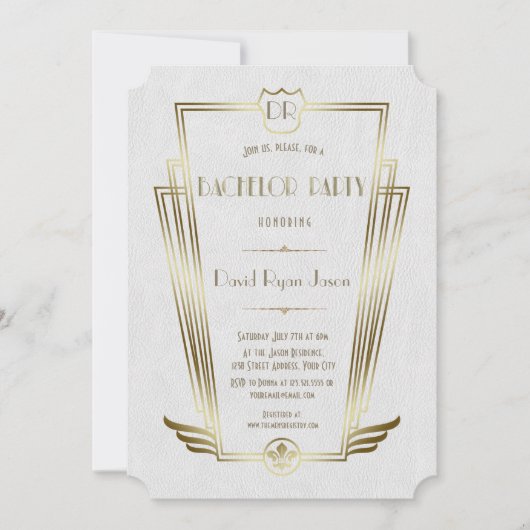 Royal Gold White Art Deco Monogram Bachelor Party Kaart (Voorkant)