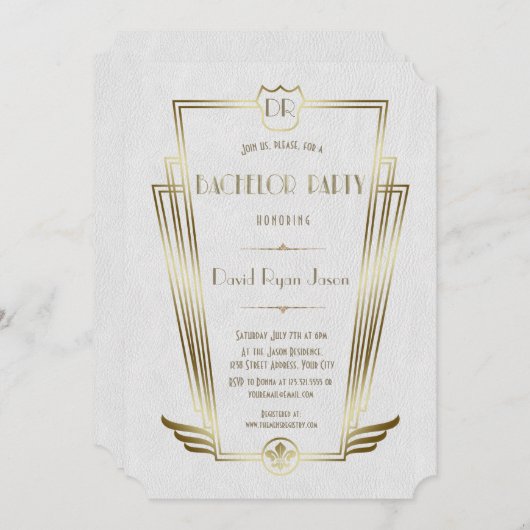 Royal Gold White Art Deco Monogram Bachelor Party Kaart (Voorkant / Achterkant)