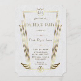 Royal Gold White Art Deco Monogram Bachelor Party Kaart