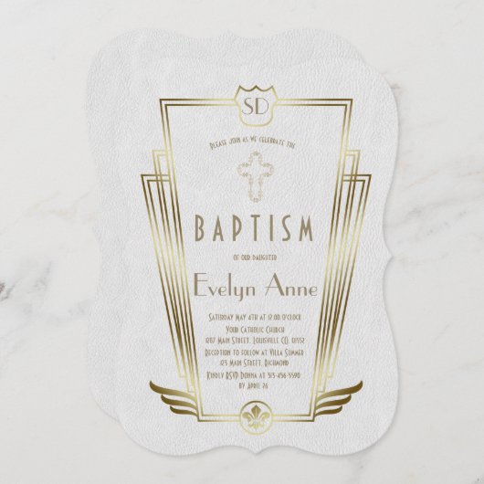 Royal Gold White Art Deco Monogram Baptisme Kaart (Voorkant / Achterkant)