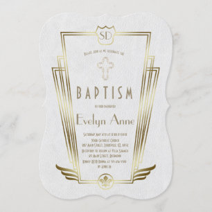 Royal Gold White Art Deco Monogram Baptisme Kaart